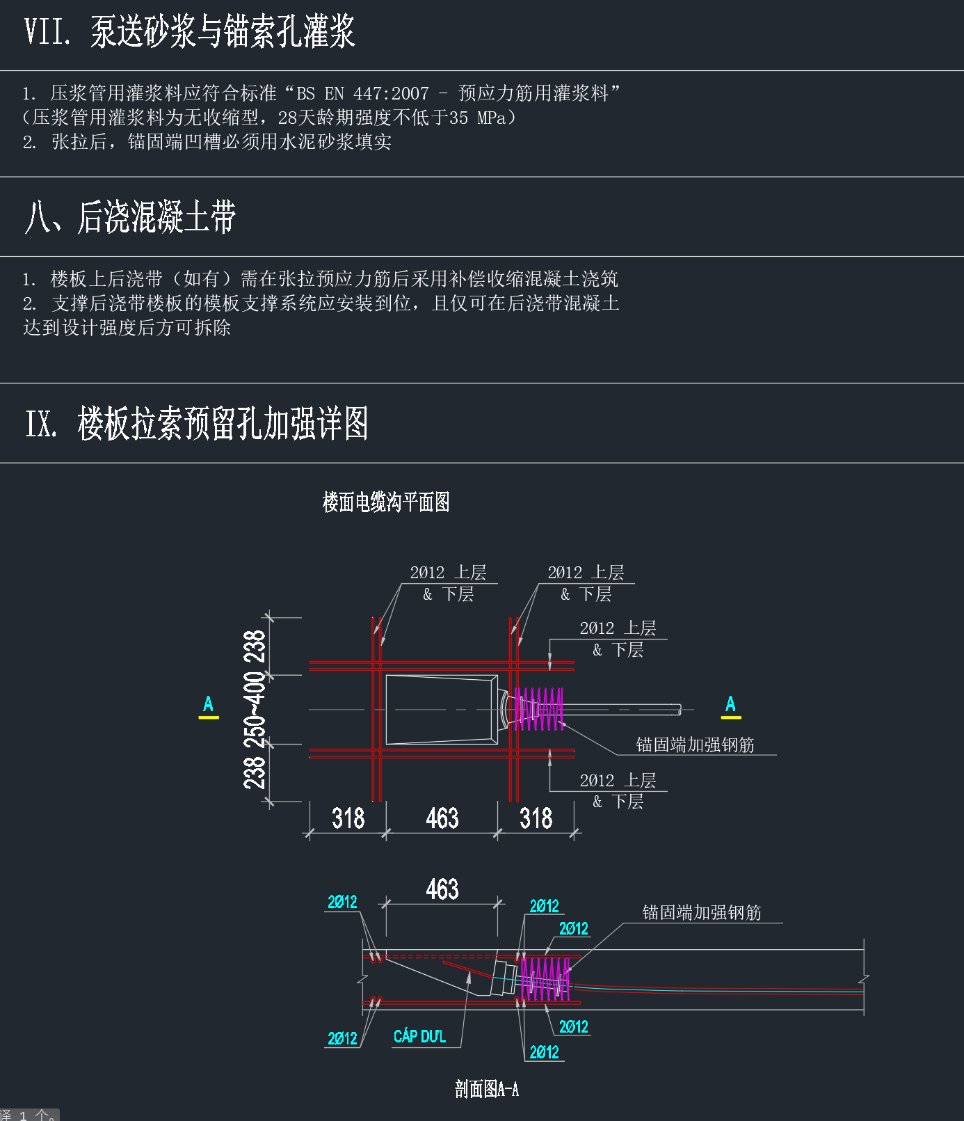 中文翻译后：压浆管用灌浆料应符合标准 BS EN 447:2007、后浇混凝土带、楼板拉索预留孔加强详图